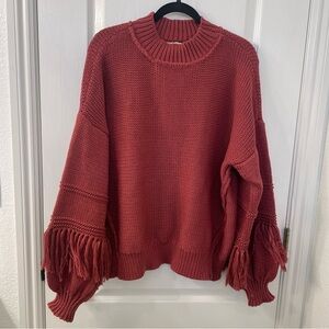 Cozy Fringed Knit Sweater - Deep Red